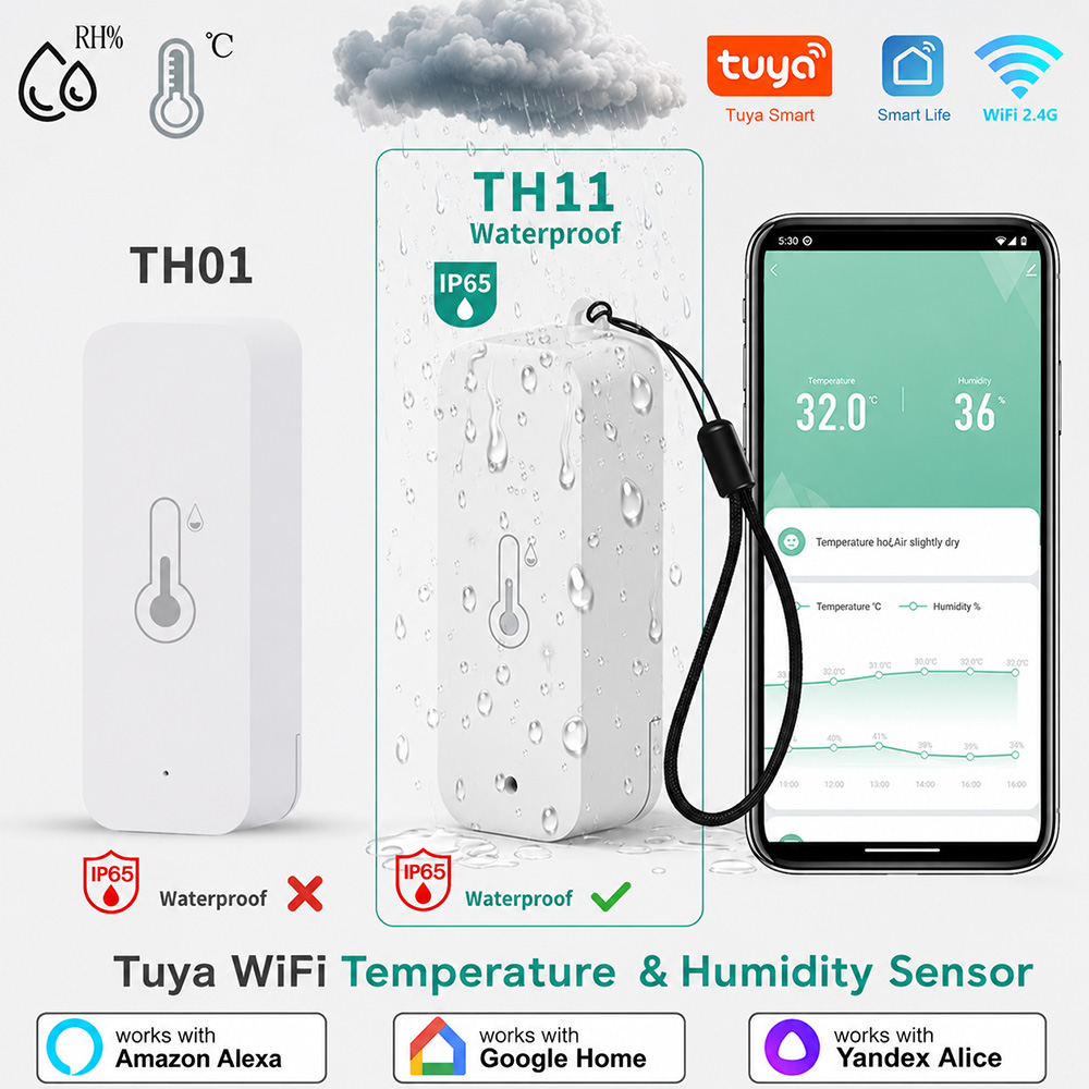 Smart Garden Arduino - IP65 กันน้ำทูย่า ไวไฟเซ็นเซอร์วัดอุณหภูมิความชื้นกลางแจ้ง เครื่องวัดอุณหภูมิอัจฉริยะ ไฮโกรมิเตอร์ แอพควบคุมระยะไกล