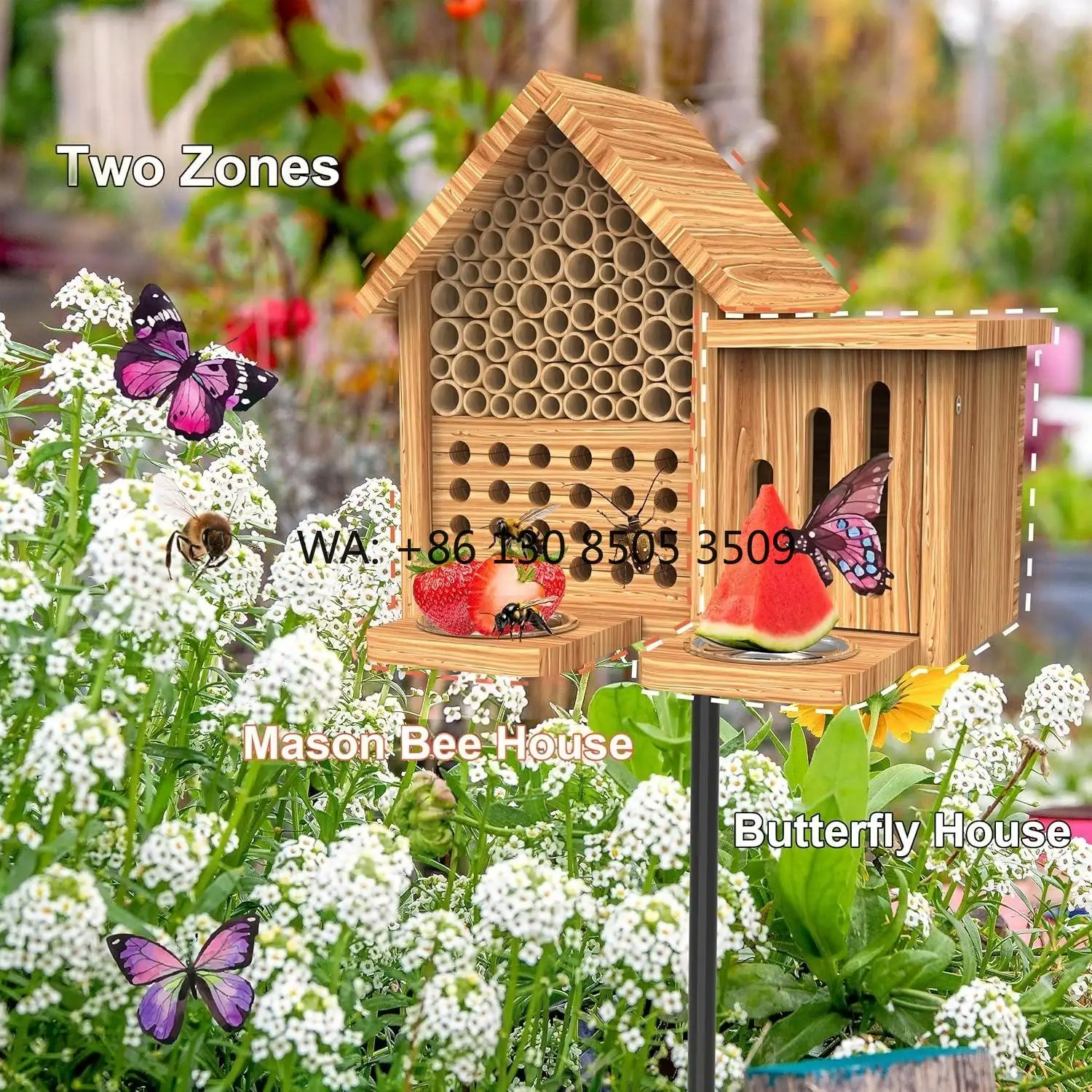 Insect Hotel Wood - โรงแรมแมลงกันน้ำ ทำจากไม้ธรรมชาติ สำหรับแมลงเมสัน พร้อมที่ให้อาหารและเสาโลหะ
